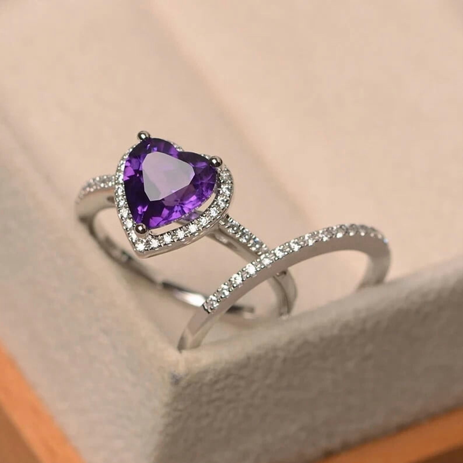 Bluebell Jewels Heart Cut Purple CZ Engagement Ring with CZ Accents in White Gold Finish – Promise Ring for Women