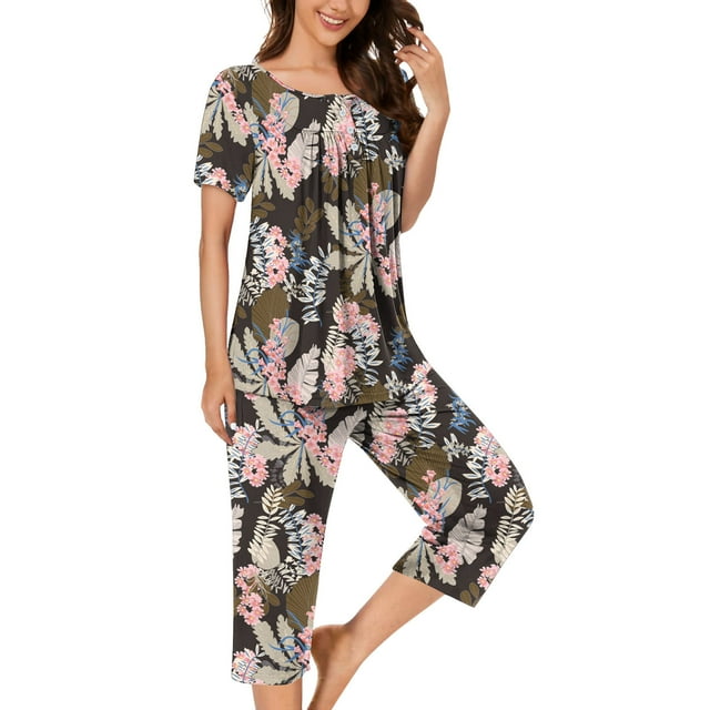 Pisexur Ensembles de Pyjama pour Femmes, Mode, Chemises de Nuit à Imprimé Floral pour Femmes, Ensemble de Détente 2 Pcs, Été, Décontracté, Col Rond, Blouses Plissées Boutonnées, Hauts avec Pantalons Longueur sous le Genou avec Poches