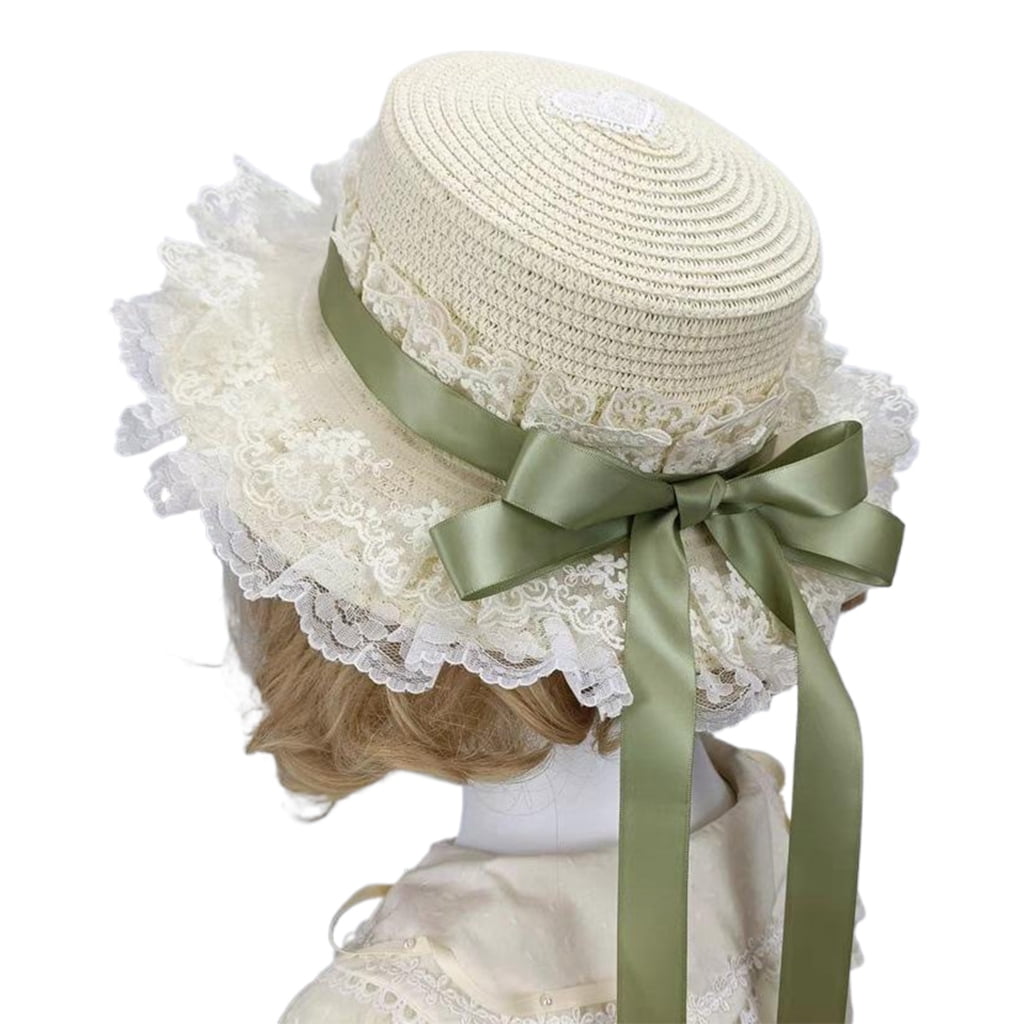 Handmade Victorian Bonnet Hat With Lace Trim Ribbon Bowknot Straw Sun Hat For Fashion Enthusiast Teaparty Costume Props