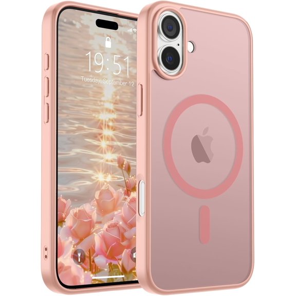 Mionbel Magnetic for iPhone 16 Case (Compatible with MagSafe) (Military Grade Drop Protection) Slim Translucent Matte Shockproof with Anti-Fingerprint Phone Case,Pink