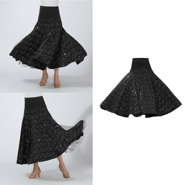 - Larga para Mujer, Baile de Salón, , Flamenco, Lentejuelas Elásticas - Negro, 85cm Yinane Vestido de baile latino