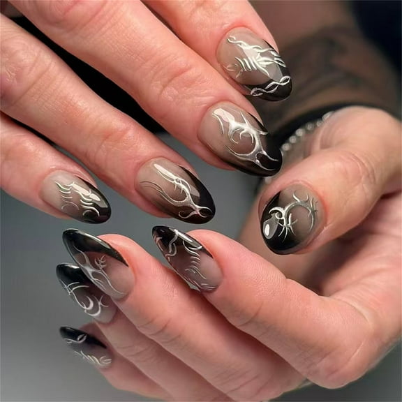 Bold Aesthetic Press On Nails Black French Tips Metallic Silver Edges Artificial Nails Easy Application 24Pieces