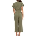thumbnail image 6 of Seyurigaoka Women Summer V-neck Belted Jumpsuit, Solid Color Front Button Short Sleeve Siamese Trousers Wide Leg Ninth Pants with Pocket, 6 of 7