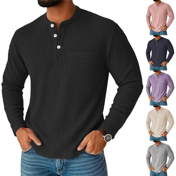 hlysgo Mens Henley Shirts Comfy Waffle Long Sleeve Button up Solid Color Pullover Casual Basic Tees Fall Winter Big Men's Clothes Black XXXL