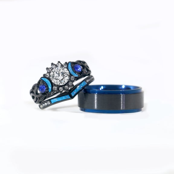 Couple Rings Black Matching Ring Moon and Star Ring 1.5ct CZ Women Wedding Ring Sets for Him and Her Ring Sets Moon Ring