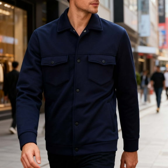 Handshe Men's Fleece Jacket, Winter Casual Snap Button Pockets Cardigan-Style Long Sleeve Outwear with Turn-Down Collar for Daily Use and Outdoor Activities