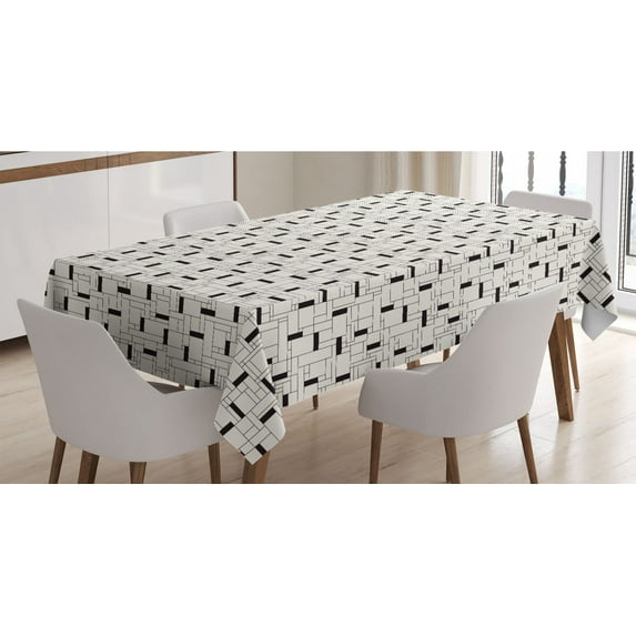 Geometric Tablecloth, Modern Grid with Rectangular Shapes Contemporary Repetition, Rectangle Satin Table Cover Accent for Dining Room and Kitchen, 60" X 84", Ivory and Charcoal Grey, by Ambesonne