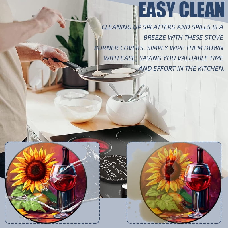 Round Burner Covers for Electric Stove, Wine Glass and Sunflower Metal Durable Burner Covers Set of 4 for Kitchen Cooktop, 8 Inches and 10 Inches