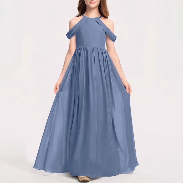 LNWUY Girl's Chiffon Junior Bridesmaid Dresses Floor Length Pageant Formal  Dress Halter Sleeveless Girl Ball Gowns Blue 8-9Years - Walmart.com