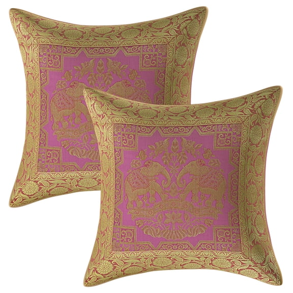 Stylo Culture Indian Zippered Brocade Blush Pink And Gold Throw Pillow Covers 16x16 Jacquard Weave Banarsi Sofa Modern Throw Pillow Covers Elephant 40x40 cm Decorative Cushion Covers (Set Of 2)