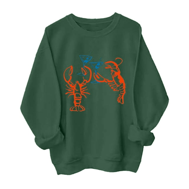 Women's Lobster Print Retro Patterned Hoodless Sweatshirt Long Sleeve Crewneck Pullover Top