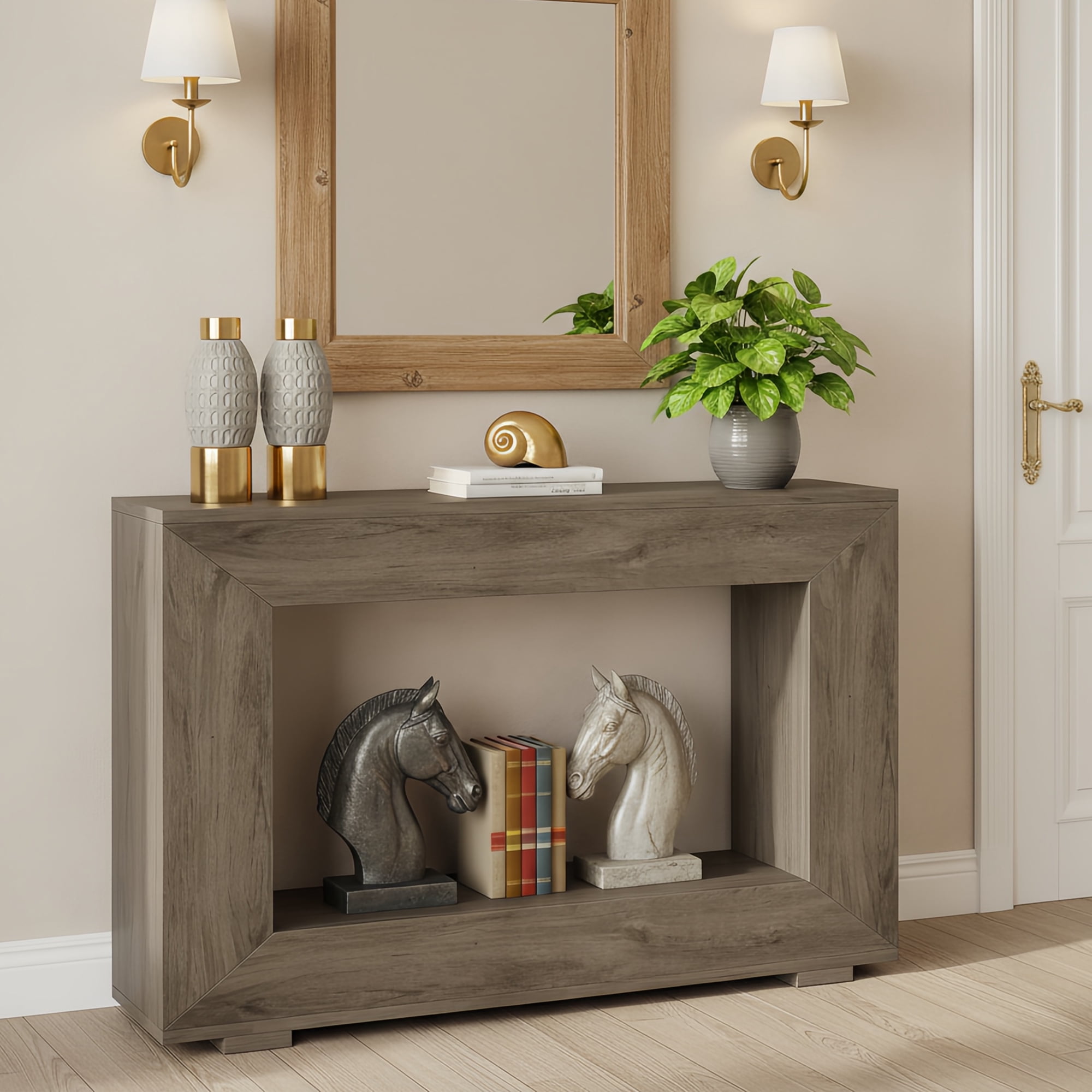 47" Farmhouse Industrial Console Table, Storage Entryway Table For Living Room, Foyer & Entrance With Wood Grain Finish (Grey)