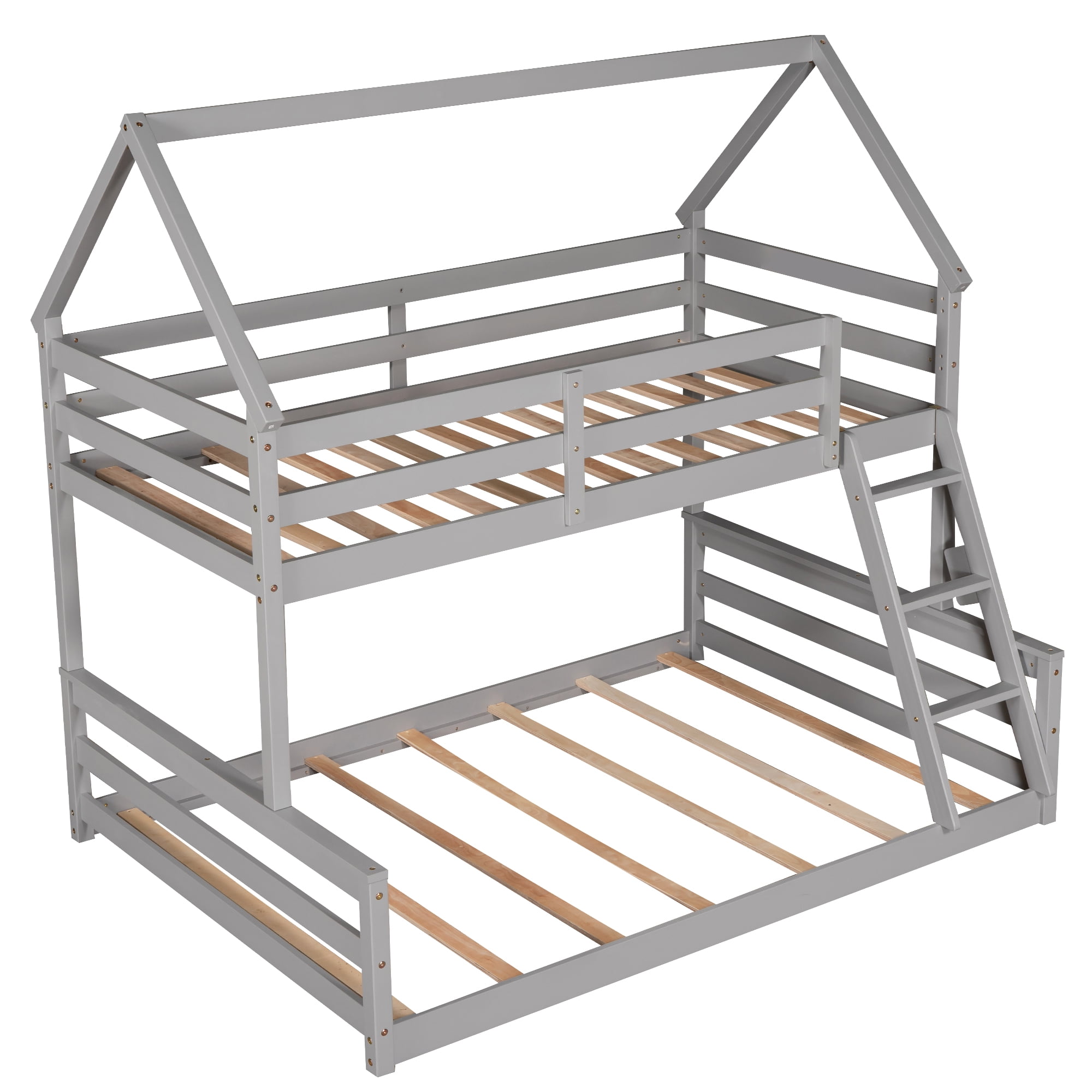 EUROCO Pine Wood Twin over Full Bunk Bed, House-Shaped for Kids Teens Bedroom, Gray