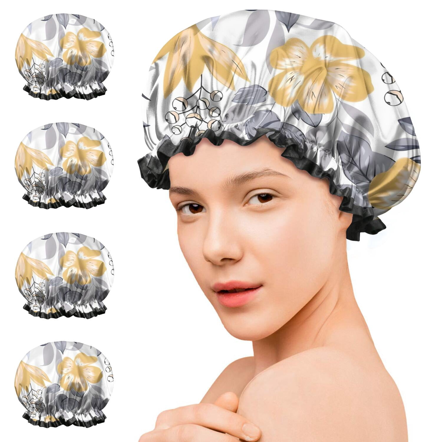 Shower Caps,Pioneer Flower Floral Print Pattern Waterproof Shower Cap for Women 4 Pieces,Double Reusable Hair Cover for Shower PEVA Elastic Stretch Hem