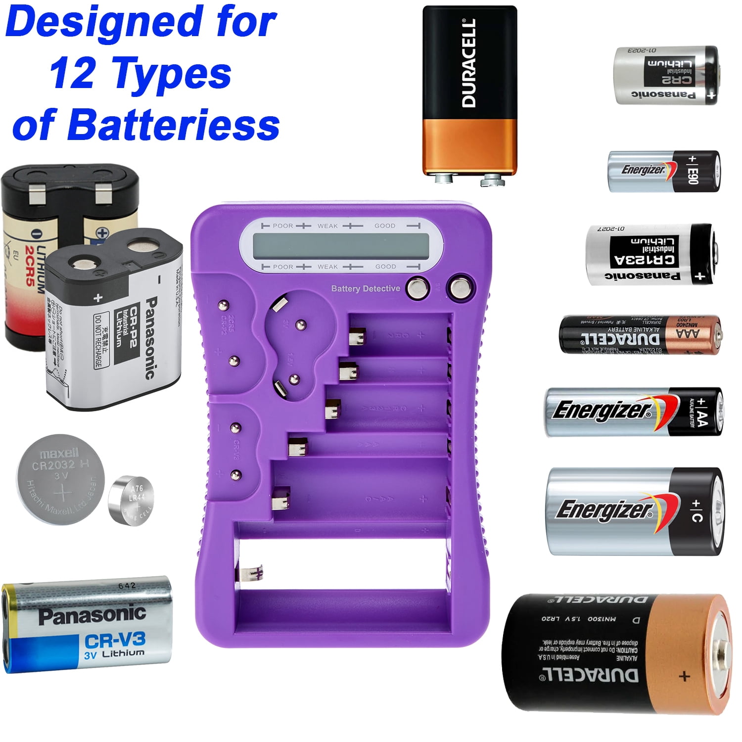 Battery Detective 12 Type Battery Tester (Purple) with LCD Display for Household Batteries AA AAA C D 9V CR2032 CR123A N/LR1 CR2 CR-V3 2CR5 CR-P2 1.5V/3V Button Cell Batteries +AAA Batteries (36-Pack)