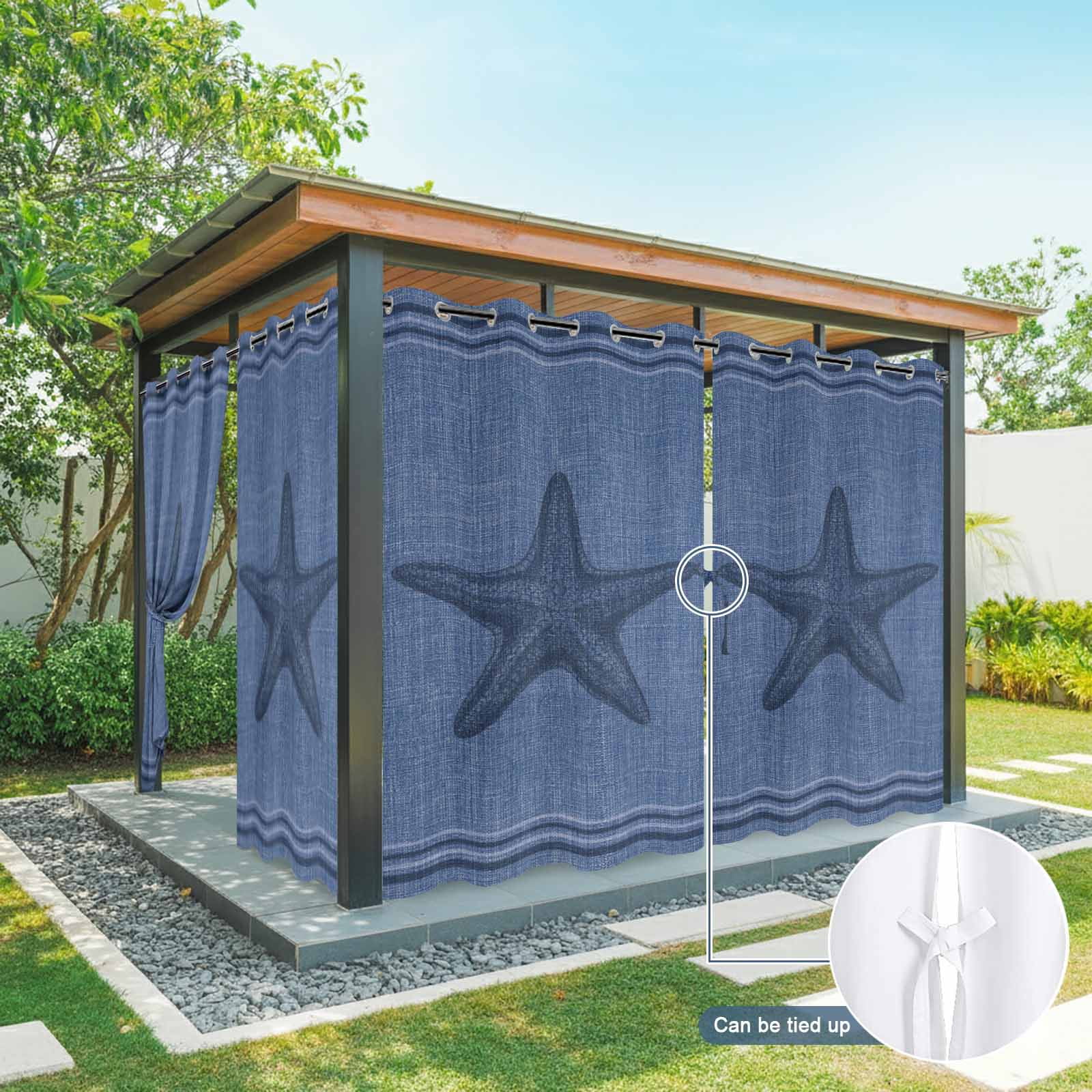 Ocean Starfish Outdoor Curtains for Patio, Nautical Coastal Navy Blue Beach Marine Life Black Stripe Sunshade Privacy Drapes Grommet Waterproof Outside Curtains for Porch Balcony 54"x108", 1 Panel