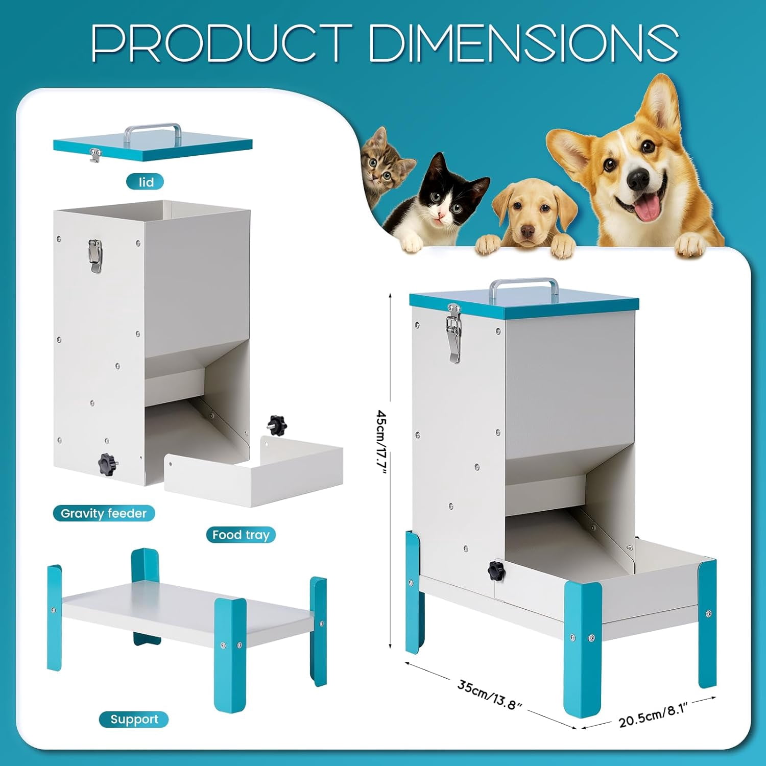Automatic Dog Feeder 10L Auto Cat Feeder with Stand Gravity Dispenser Detachable Tray Galvanized Pet Station
