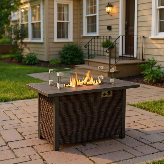 Resenkos Fire Pit, Outdoor Smokeless Fire Pit,50000 BTU 2 Inch ropane Gas Fire Pit Table with Wind Guard and Glass Rocks-Brown