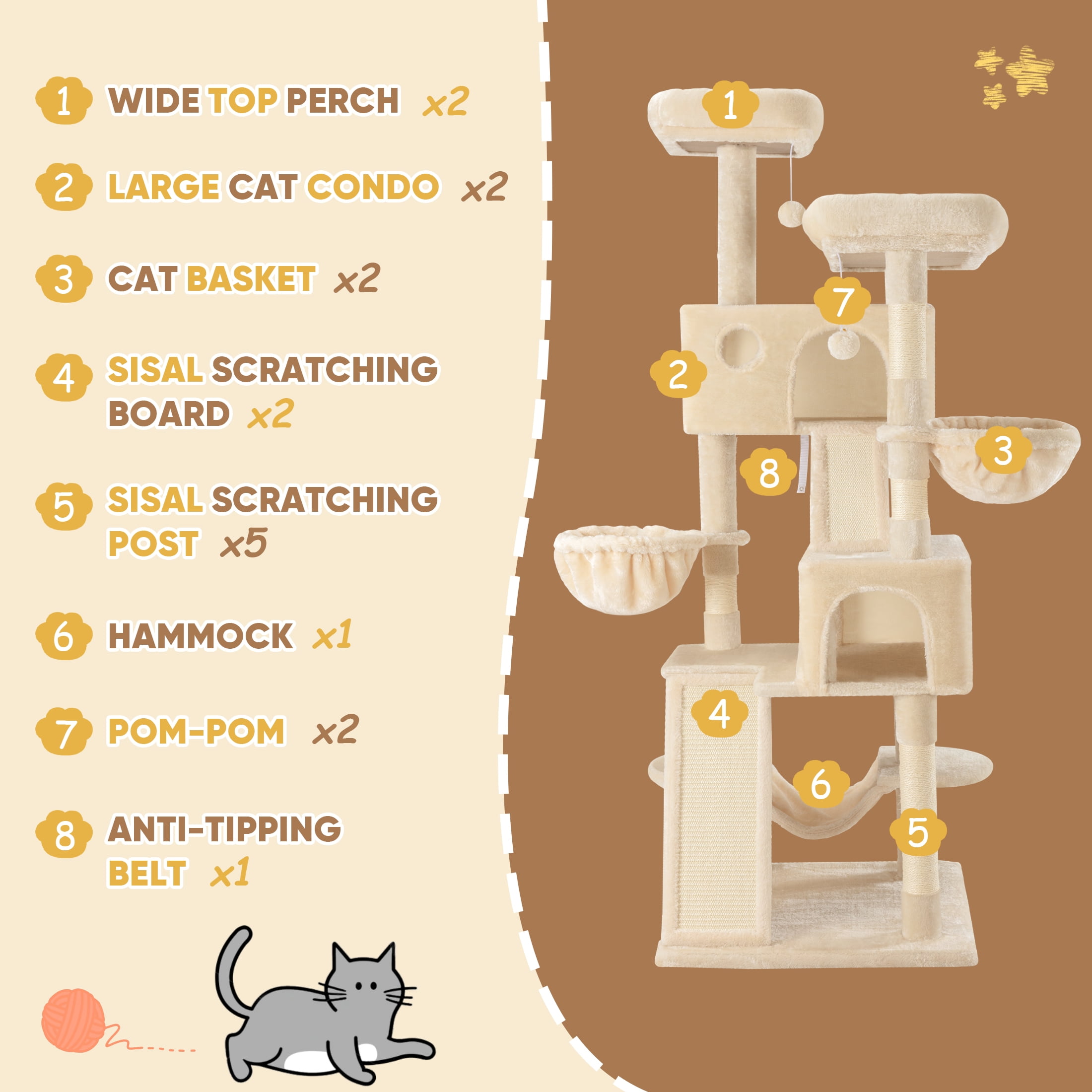 Einfach 65.7" Large Cat Tree and Tower for Cats, Condo House with Hammock, 2 Scratching Boards & 5 Scratching Posts, Beige