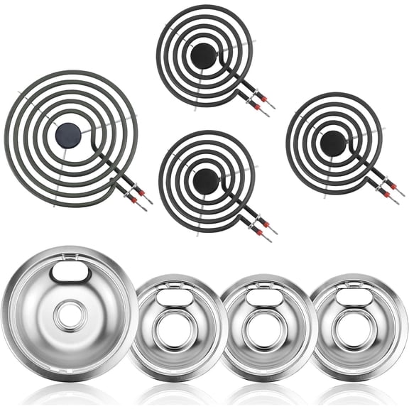 MP31YA Electric Stove Burner Element Replacement MP15YA(6") MP21YA(8") & Range Burner Drip Pans W10196405(8”) W10196406(6”) for Whirlpool Kenmore Maytag Amana