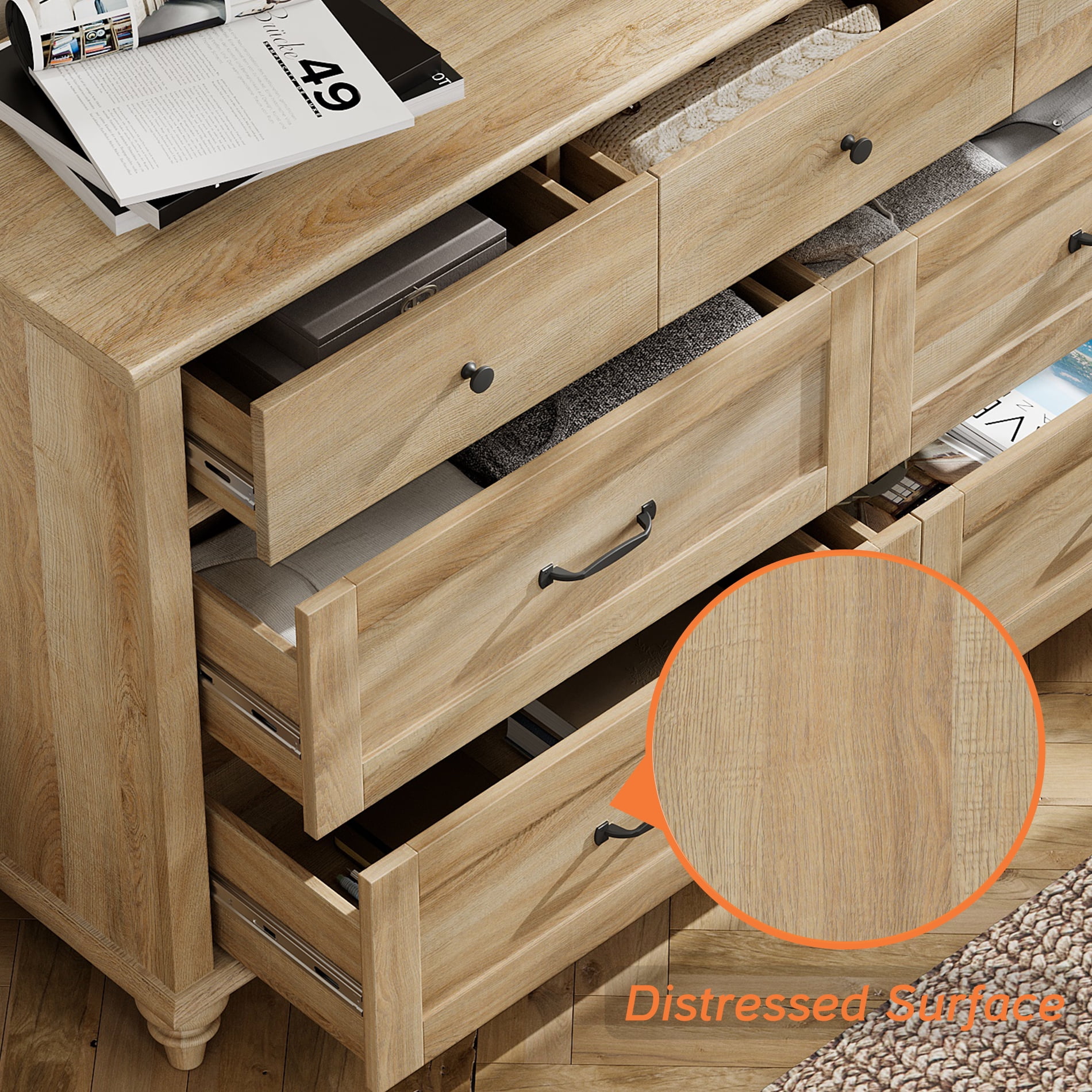 Oak 7 Drawer Dresser for Bedroom, Wooden Chest of Drawers for Living Room