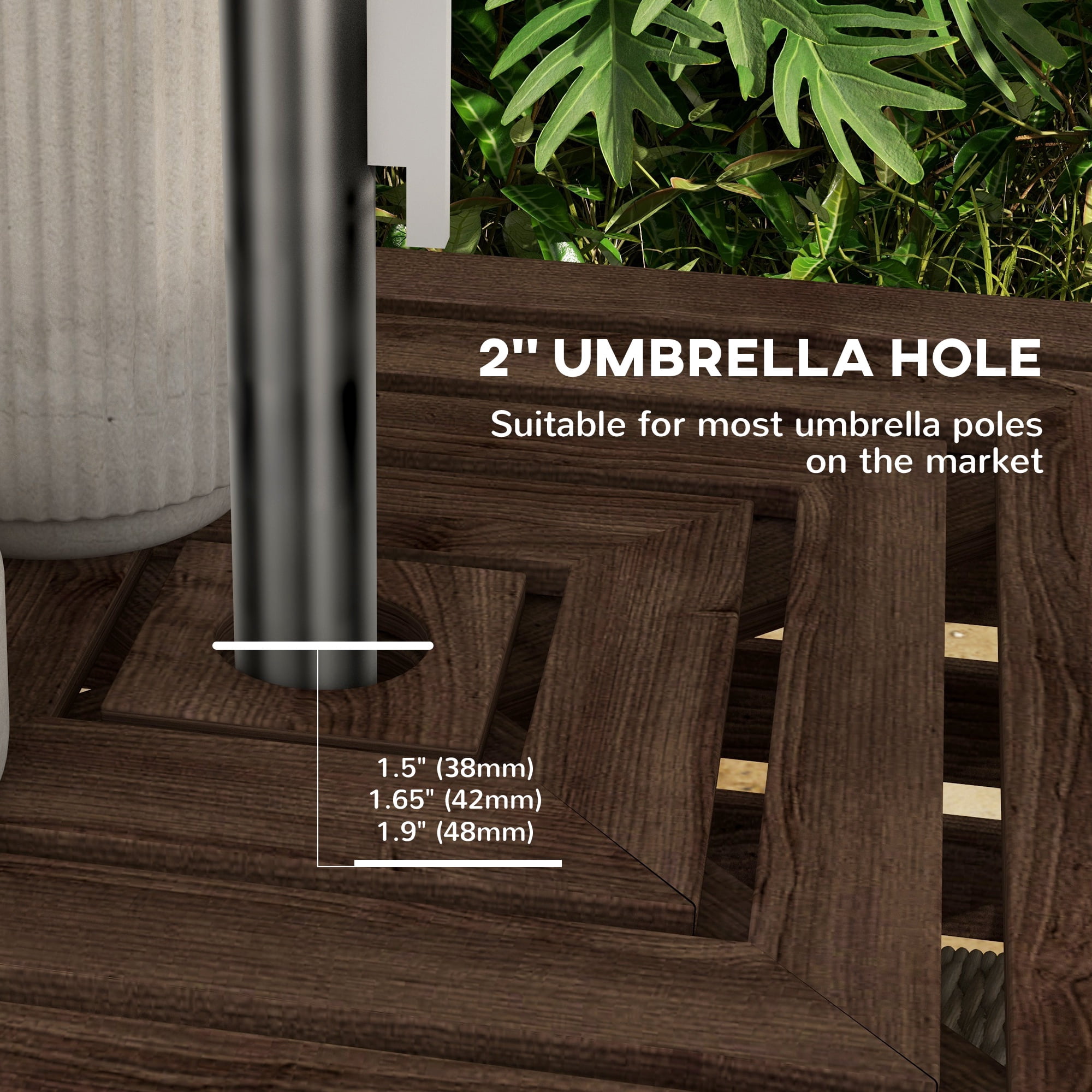 Outsunny 2-in-1 Outdoor Storage Box for Umbrella Base, Coffee End Table, Wooden Patio Umbrella Stand Table, Brown