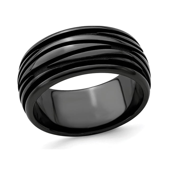 Mens Black Titanium Grooved Waves Band Ring (10mm)
