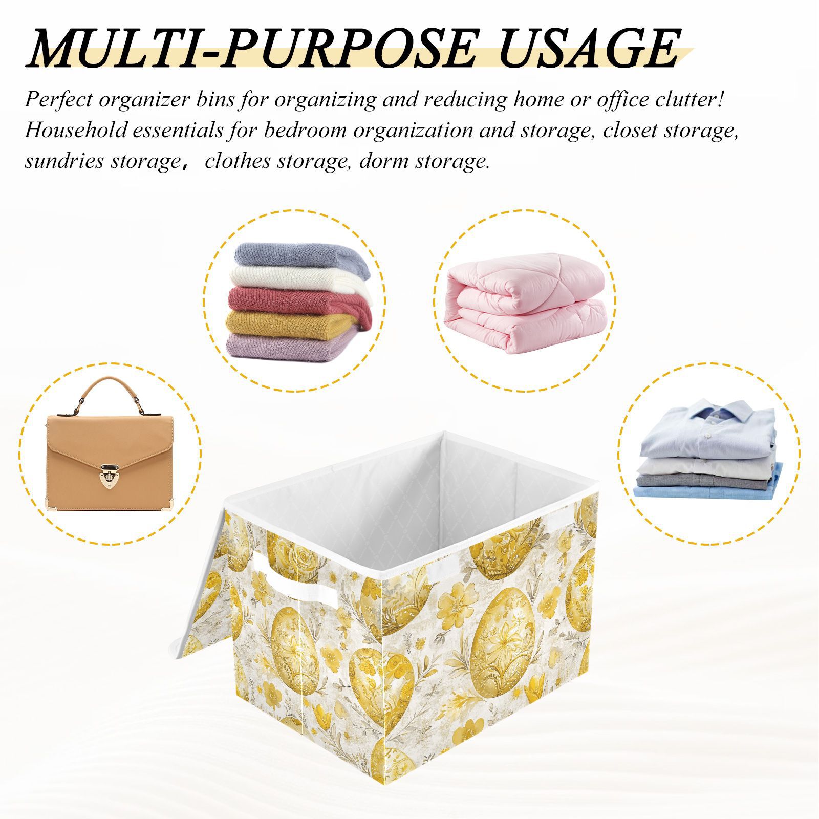 Gold Easter Eggs Storage Basket for Shelves Foldable Container Organizer for Organizing Toys Clothes Books with Handles