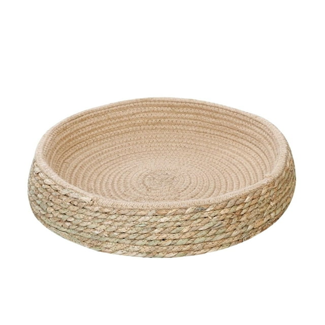 Danhjin Lit pour Chat en Rotin Tressé Panier de Rangement pour Animaux Anti-Griffures Lit pour Animaux Rond Fait Maison Semi-Fermé Coussin pour Animaux Fournitures pour Animaux
