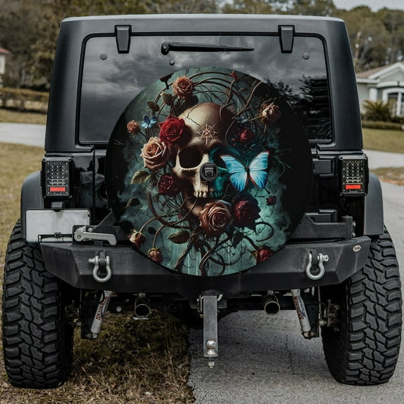 Lotusprinthandmade Floral Skull Halloween Lovers Spare Tire Cover With Backup Camera Hole 6 Sizes (27 in.)