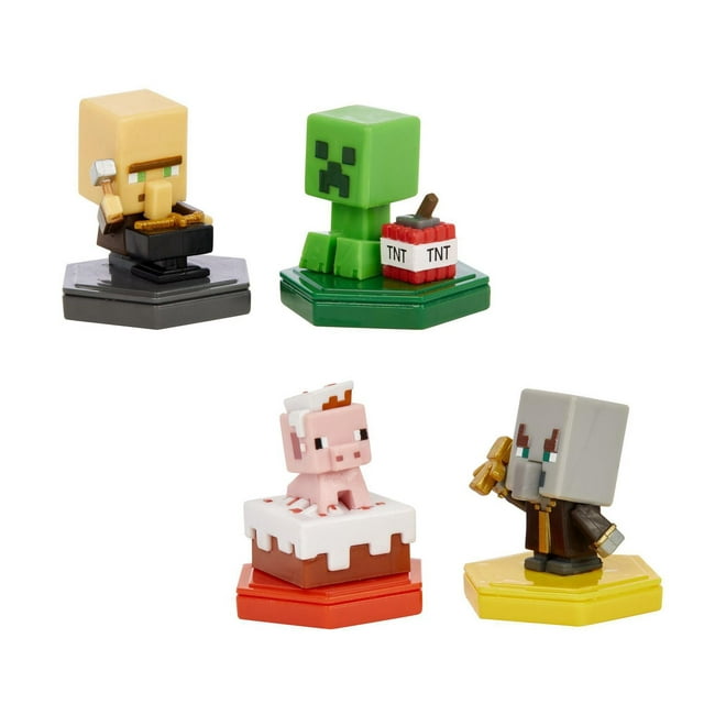 Minecraft Earth Boost mini Ensemble de 2 Assortiment de Jouets NFC-chip Comprenant Quatre mini Figurines de Collection sur des bases Hexagonales : un Villageois beige avec un Marteau sur une base Noire, un creeper Vert avec des Blocs TNT sur une base Verte, un Cochon Rose Assis sur un Gâteau sur une base Rouge, et un Personnage à Casque Gris Tenant un Objet Doré sur une base Jaune, Conçu pour le Jeu de Réalité Augmentée Minecraft Earth.