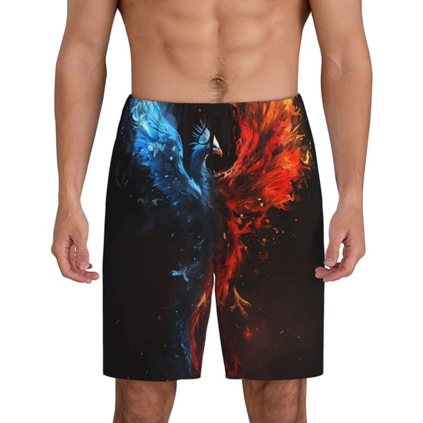Balery Red And Blue Fire Bird Pantalones cortos de pijama de punto de algodón para hombre con cinturilla y bolsillos-Small