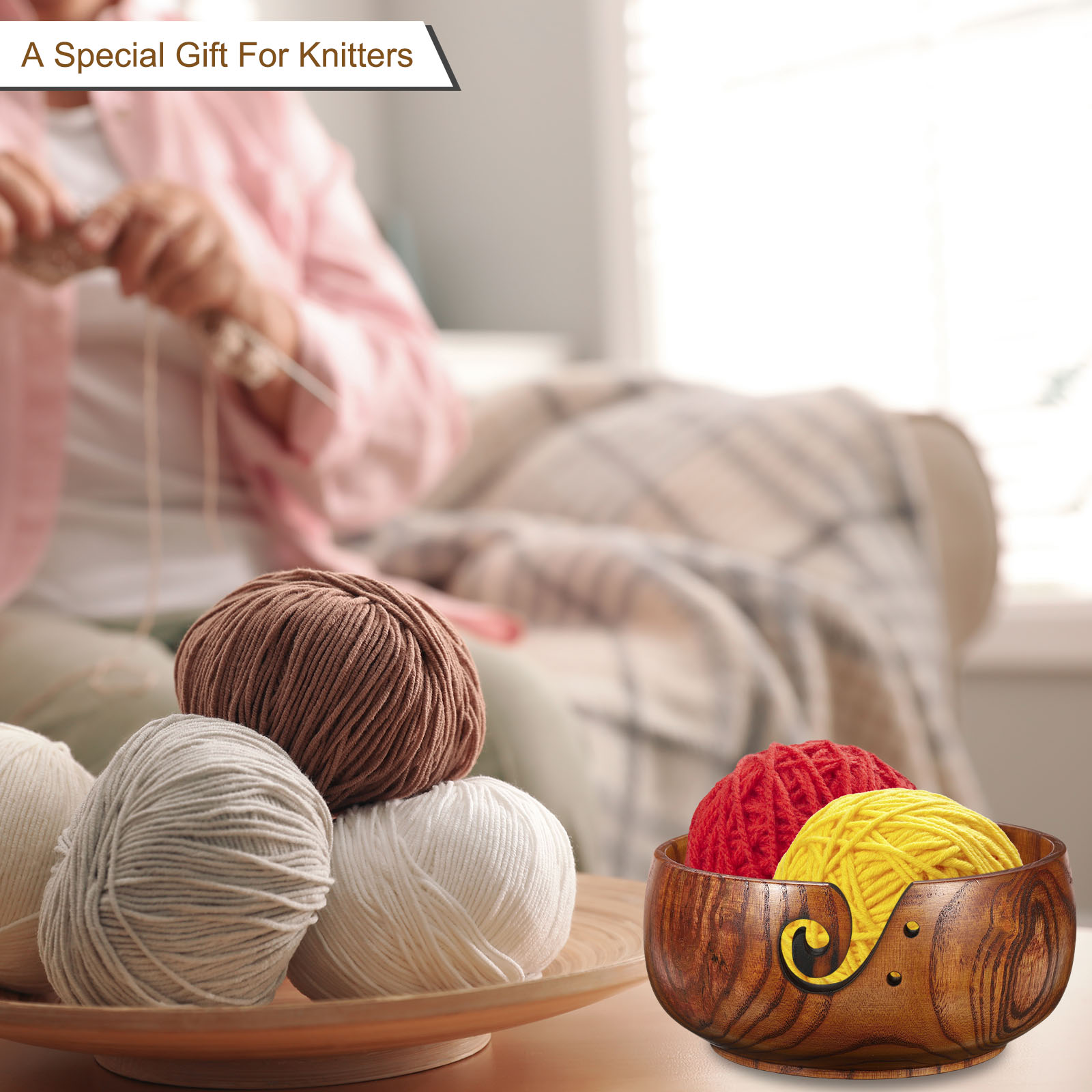 REGALWOVEN Yarn Bowl, Knitting Crochet Butt Holder Bowls Crocheting Cute Wooden Storage Brown 6" x 3"