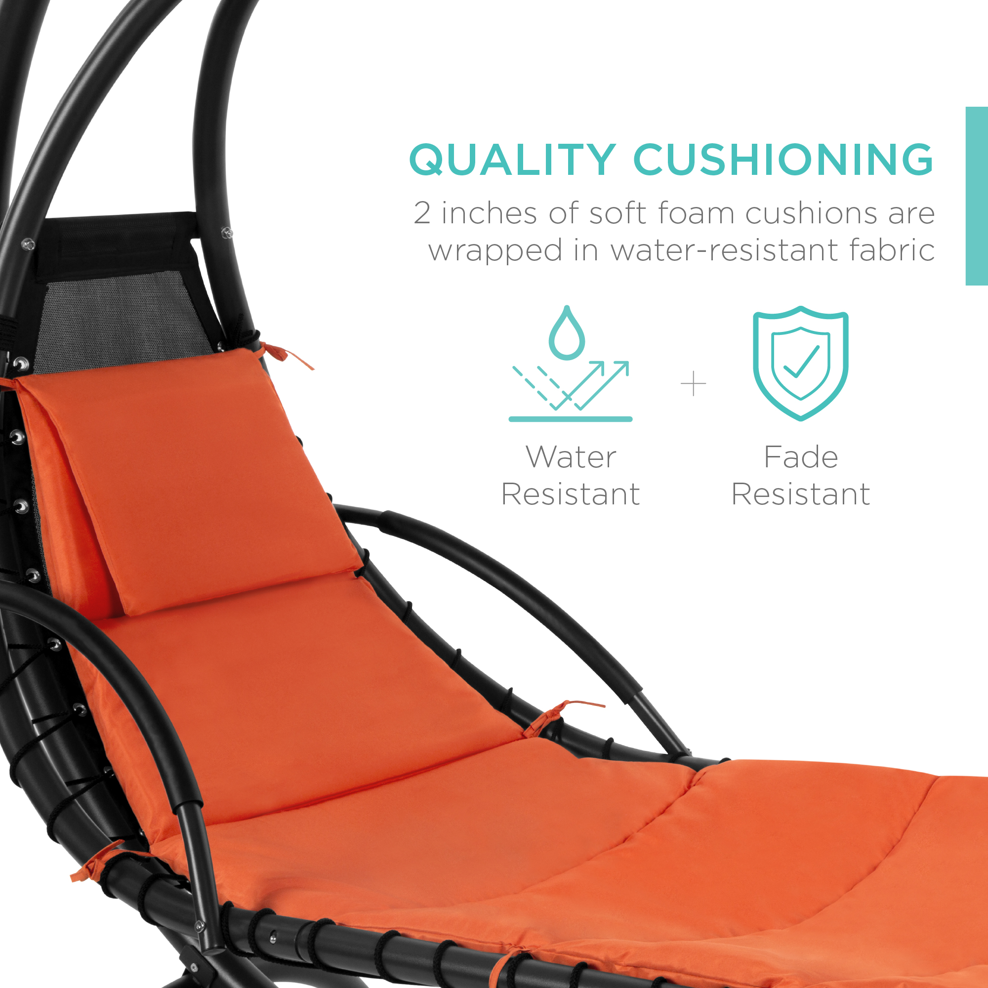 Best Choice Products Hanging Curved Chaise Lounge Chair Swing for Backyard, Patio w/ Pillow, Shade, Stand - Orange - image 5 of 8