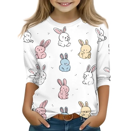 LTTVQM Girls 2026 Easter Tops 3/4 Sleeve Happy Bunny Eggs Print Tshirts Comfy Crewneck Blouses Trendy Clothing White 7-8 Years