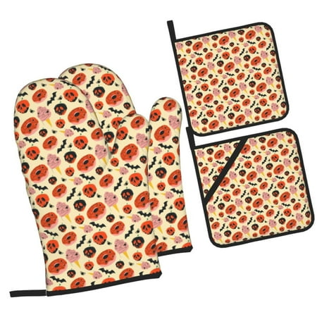 

Honeii Halloween Donut Pattern Oven Mitts and Pot Holders Silicone Oven Gloves 500 F Heat Resistant Oven Mitts Sets 4PCS