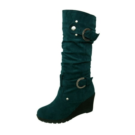 

Lyinloo Women s Winter Flat Shoe Round Toe Thicken Wedges Ladies Long Tube Boots Green 37