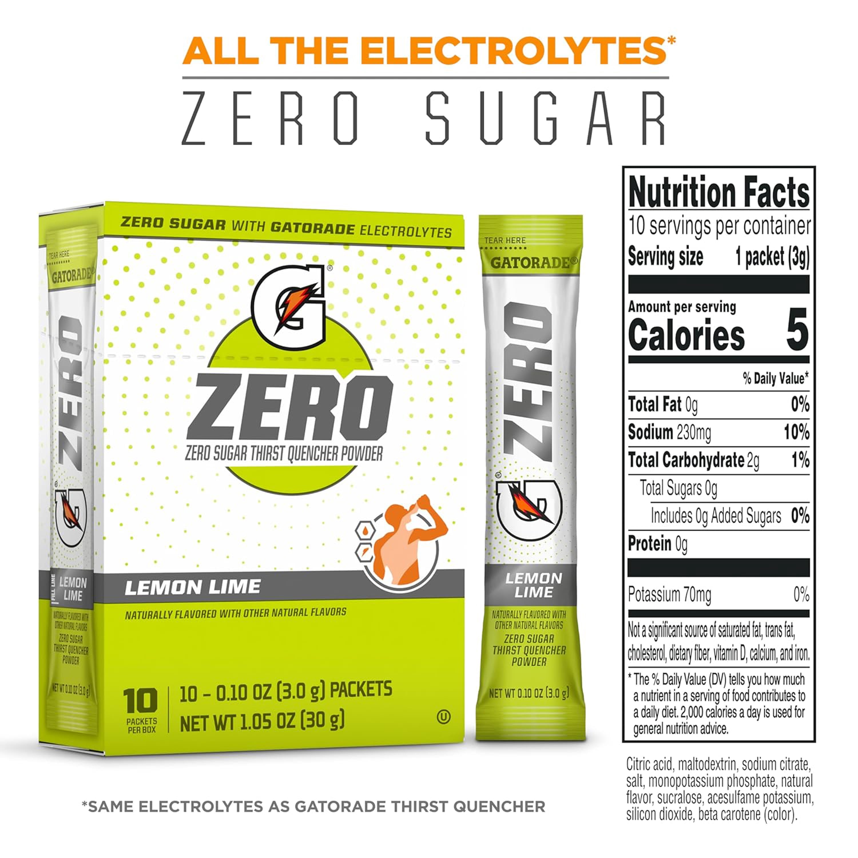(12 pack) Gatorade G Zero Sports Drink Lemon Lime, Powdered Energy Drink Mix, 0.10 oz, 10 Count Packets