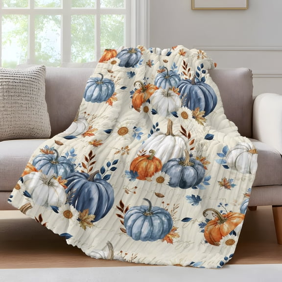 Fall Blue Pumpkin Fleece Throw Blanket for Couch, Thanksgiving Autumn Daisy Beige Vintage Microfiber Flannel Blanket for All Season, Lightweight Soft Throw Blankets for Baby, Kids, Pets, 30"x40"