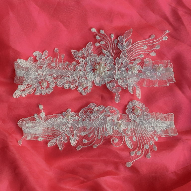 2PCS Wedding Garters Rhinestone Floral Embroidery Lace Elastic