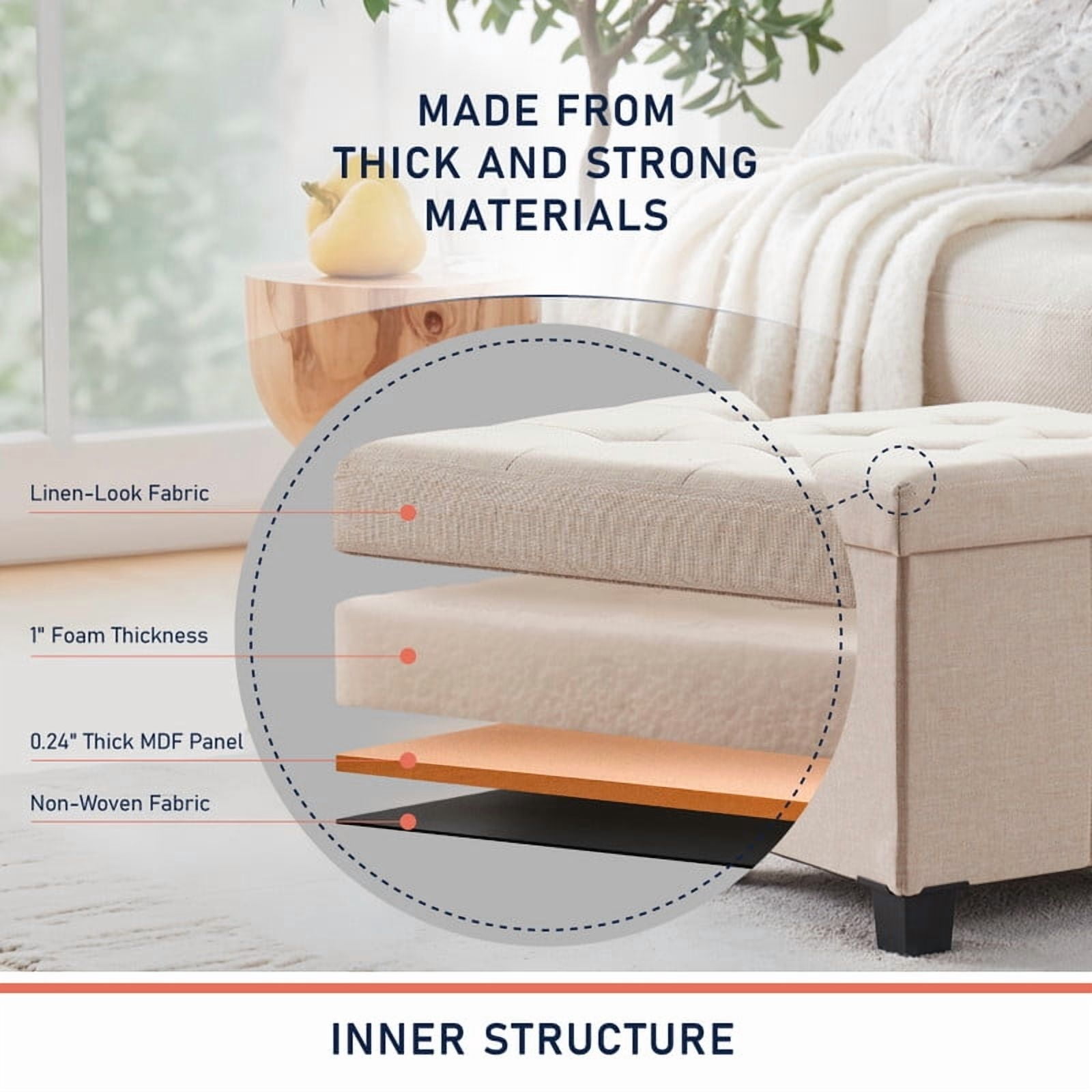 Ornavo Home 15 Inch Folding Storage Ottoman with Storage, Square Cube Linen Small Storage Ottoman Foot Rest Stool with Legs