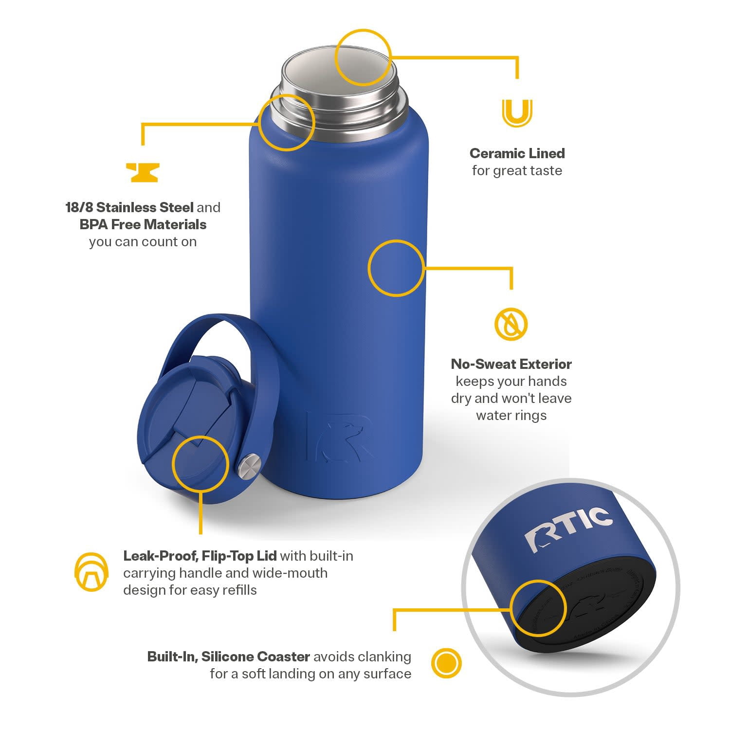 RTIC 32 oz Ceramic Lined Insulated Outback Water Bottle, Leak Resistant, Cobalt