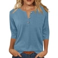 thumbnail image 2 of Womens 3/4 Sleeve T-Shirts Summer V Neck Buttons Tops Solid Color Basic Tee Shirts, Light Blue 5XL, 2 of 5