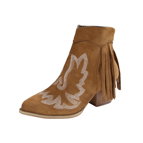 Xfvqtps Womens Western Ankle Boots with Embroidery Fringe Chunky Block Heel Fashion Winter Boots Comfortable Suede Lace up Boho Booties