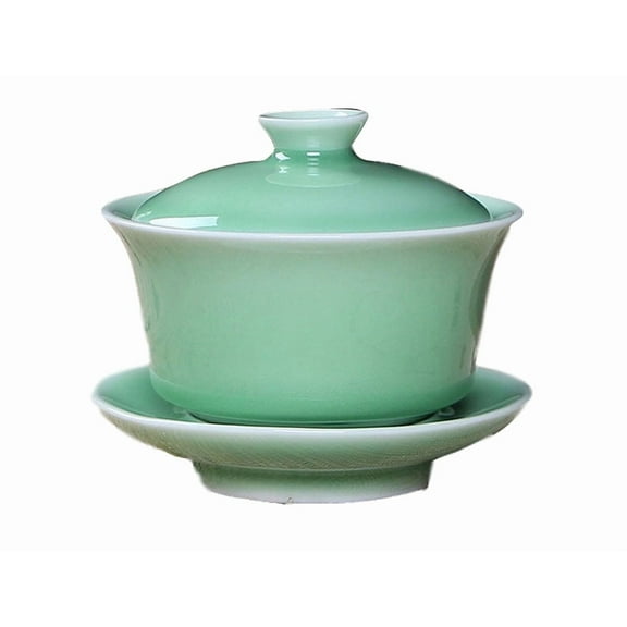 Longquan Celadon Teabowl,Jade Green Porcelain Teabowl Tea Cup with Cap & Saucer,4 Optional Colors (Green)