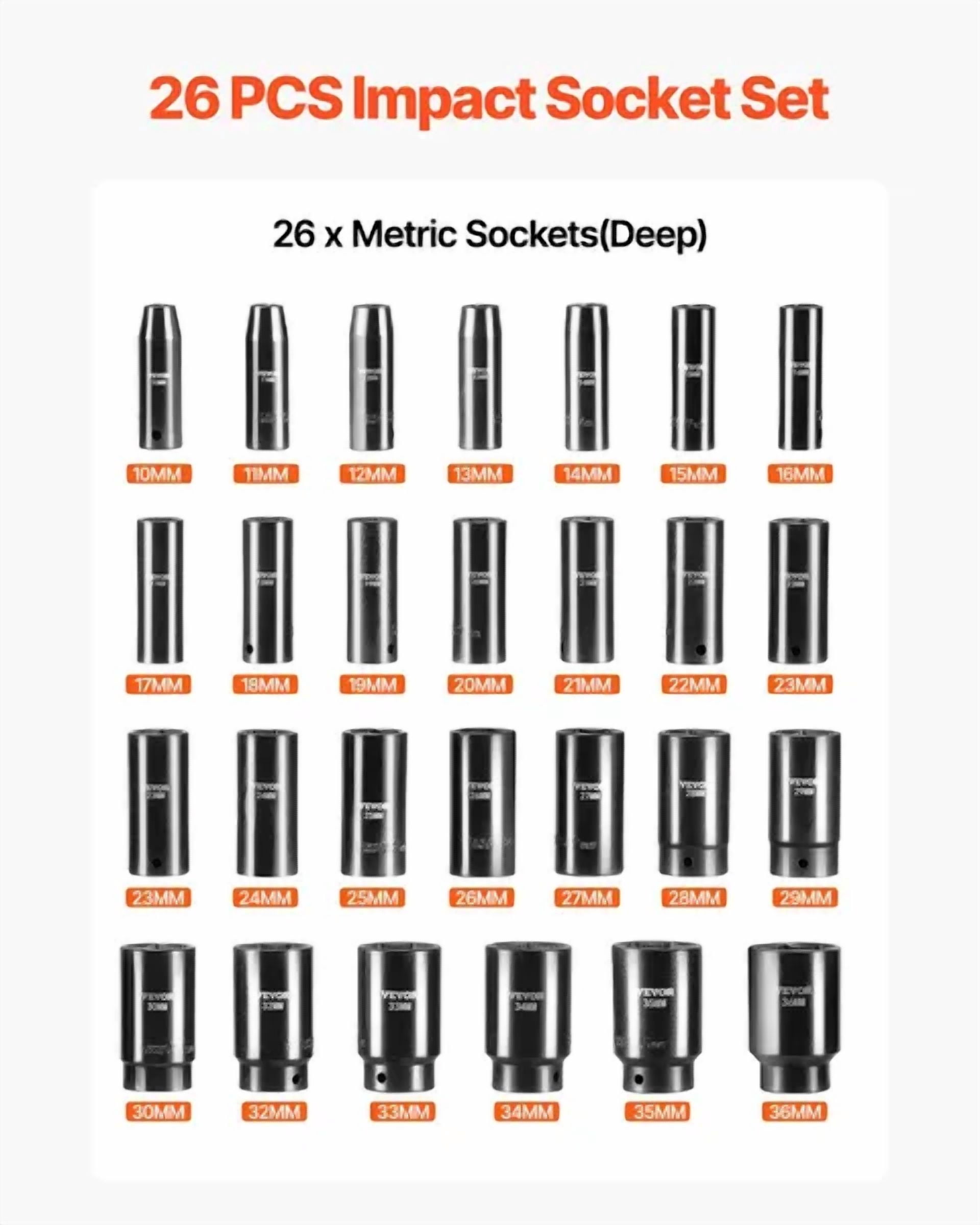 26-Piece 1/2 Inch Impact Socket Set with 6-Point Deep Sockets in Metric Sizes 10mm to 36mm,Durable Cr-V Material with Convenient Storage Cage