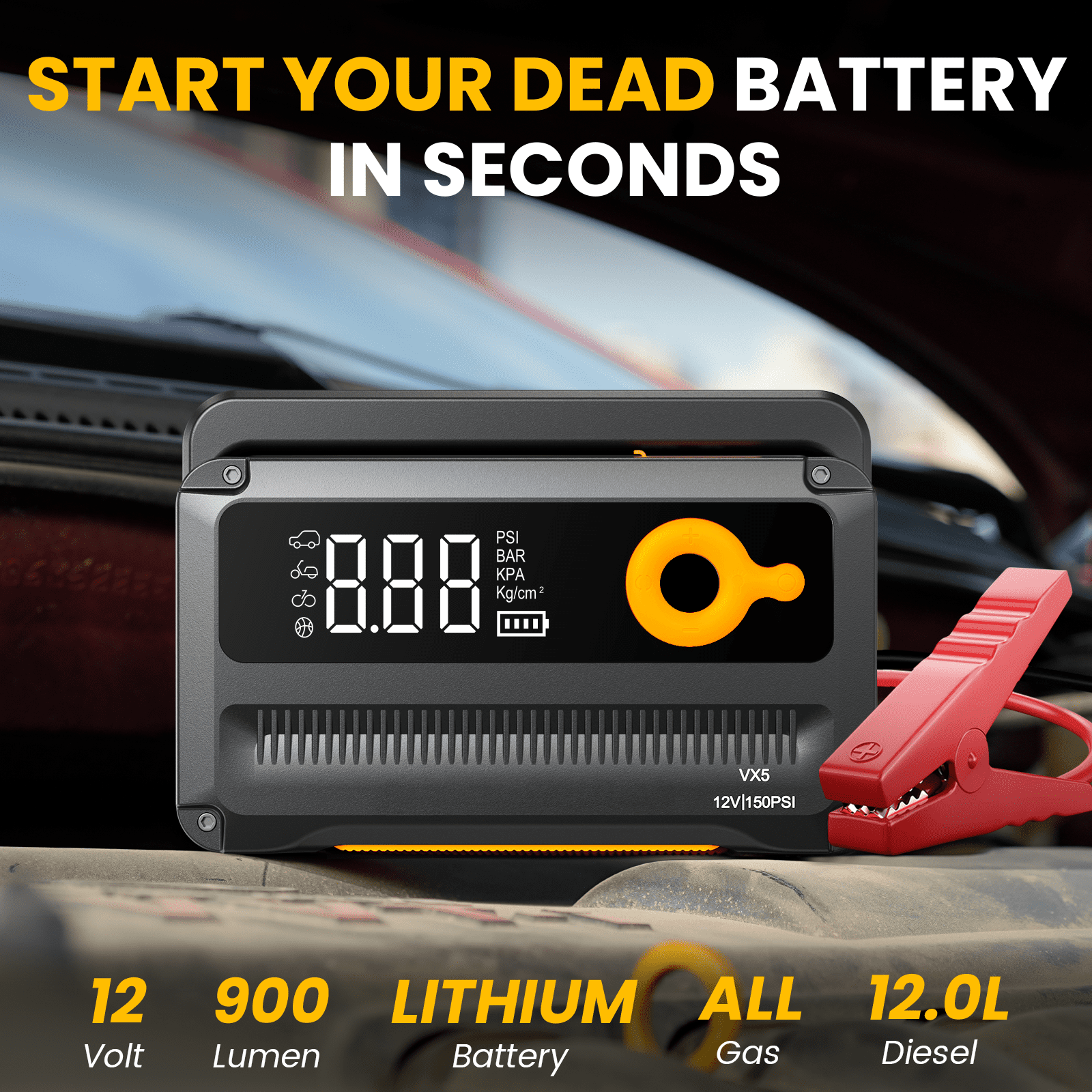 6000A Jump Starter with Air Compressor,Car Battery Jump Starter (for All Gas or up to 12L Diesel),12V Jump Pack with 150PSI Digital Tire Inflator,Built-in LED Bright