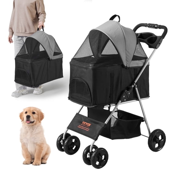VEVOR Pet Stroller, 4 Wheels Dog Stroller Rotate with Brakes, 35lbs Weight Capacity, Puppy Stroller with Detachable Carrier, Storage Basket and Cup Holder, for Dogs and Cats Travel, Black Dark Grey