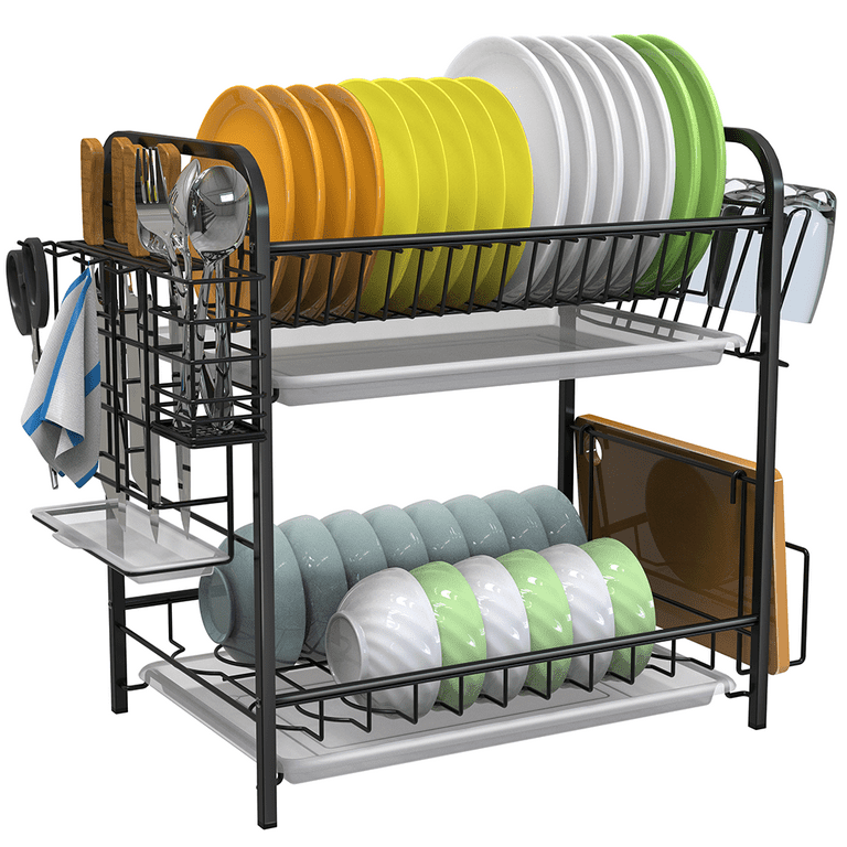 Dish Drying Rack, Auledio 2 Tier Dish Rack Organizer with Utensil Knife Holder and Cutting Board Holder Rustproof Dish Drainer with Removable Drain
