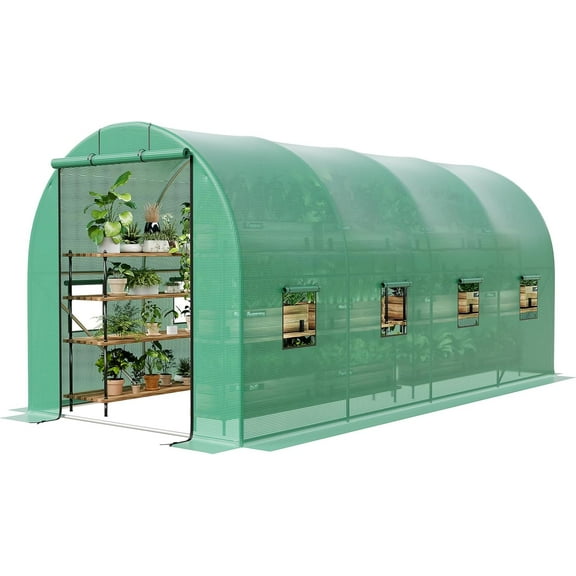 WildBreak Walk-in Greenhouse 14.76 x 6.56 x 6.56 ft, with Roll-Up Zippered Doors & 8 Mesh Windows
